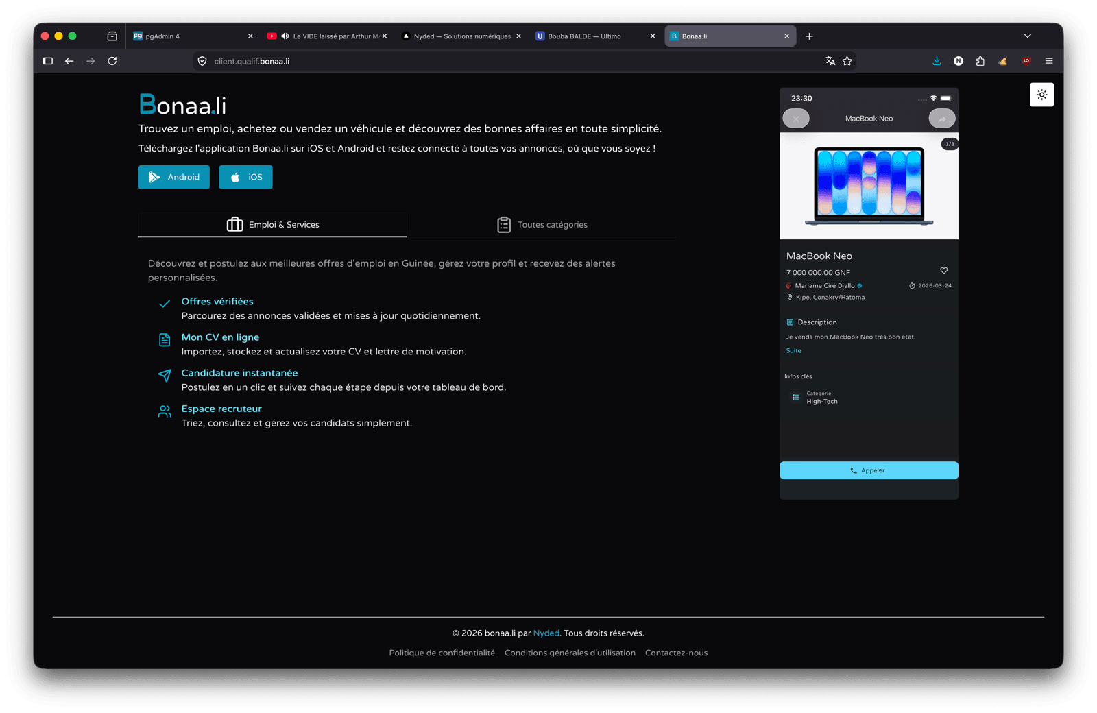 Aperçu de l'application mobile Bonaali
